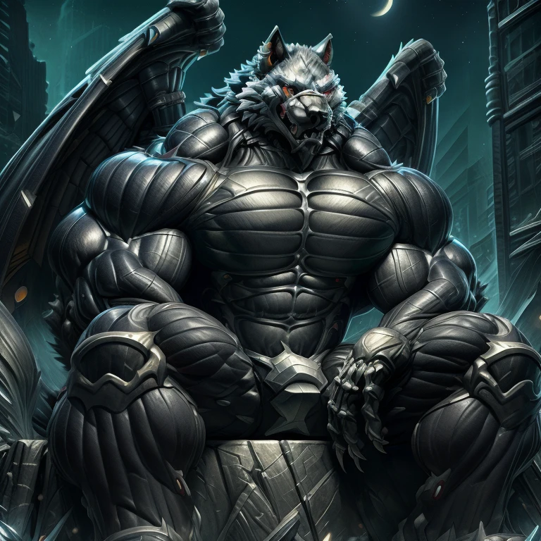 (masterpiece, best quality, detailed:1.2) detailed full body, 8K, freddy, wolf muscular werewolf, muscular! Commission for High Res, unusually developed muscular body, body full of huge muscles. pectorales enormes. Exaggeratedly huge muscles. Gigachad Muscular, 8K, Masterpiece, highres, future fiction. black visor, Detailed head, Detailed Body,full body, Detailed abs, wearing crNanosuit,strong and imposing, thicc, Spread wings, It has wings. have big wings. The claws are sharp,
Sharp teeth,
in a night city, sitting on the throne, futuristic city, 