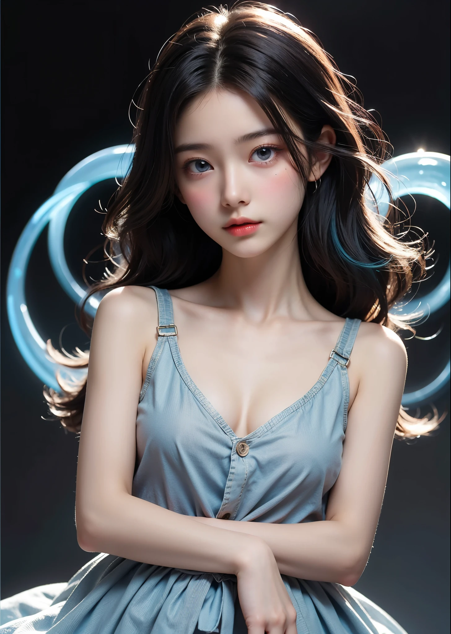 Psychedelic world、Casual clothing、1 cute girl、Big eyes、Small breasts、Smooth Skin、Light eye makeup、Shiny, Ultra-realistic face、Light blue hair、Colorful gel background、Fractal Background、Perfect lighting、Sharp focus、High resolution、High resolution、High color reproducibility、High resolution、Ultra-realistic、Photo realistic