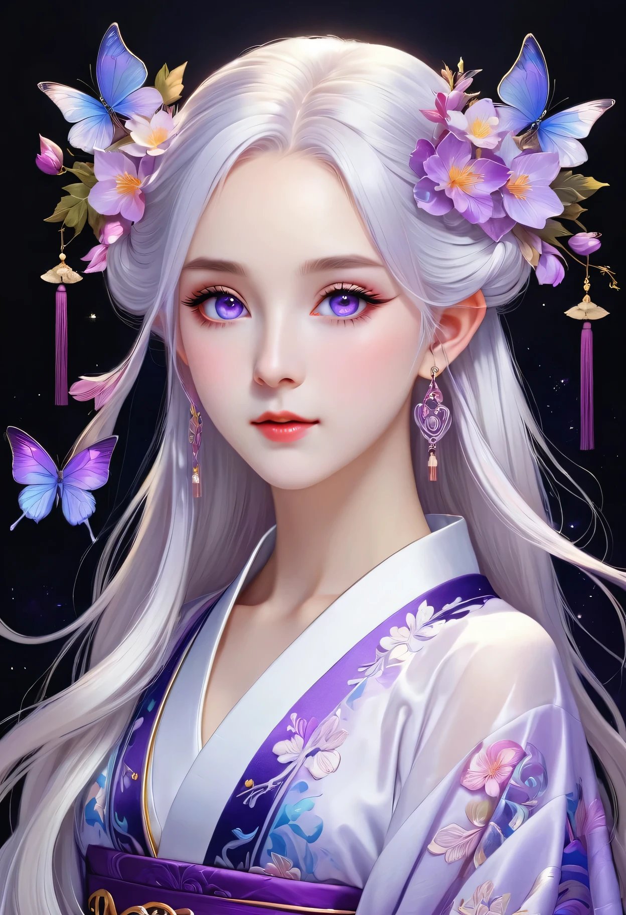 （Decorative paintings：1.6）、Light、Ink painting，ink，[（black background：1.5）：：0.25]，（hexagon：1.4），（Fractal Art：1.1），Blooming flowers，（Pop Art：1.4）、（Art Nouveau：1.1），night，Petals flutter，Moonlight，Girl with makeup，Wearing Kimono，Elf ears，（Ear nipple rings：1.5），Silver hair，Very long hair，(Heterochromia of the Eyes)，Purple and eyes，（Pale complexion），（masterpiece，quality，最佳quality，Official Art，Beauty and aesthetics：1.2），Very detailed，（Tangle：1.2），Abstract Background，（Traditional Chinese embroidery fabrics：1.2）、Skin Light、（multiple colour：1.4）。