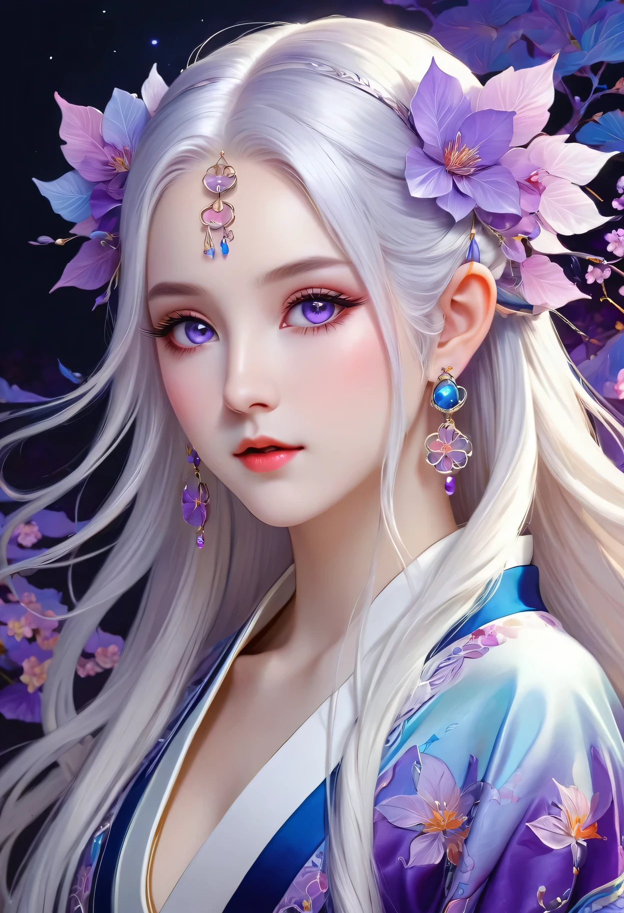 （Decorative paintings：1.6）、Light、Ink painting，ink，[（black background：1.5）：：0.25]，（hexagon：1.4），（Fractal Art：1.1），Blooming flowers，（Pop Art：1.4）、（Art Nouveau：1.1），night，Petals flutter，Moonlight，Girl with makeup，Wearing Kimono，Elf ears，（Ear nipple rings：1.5），Silver hair，Very long hair，(Heterochromia of the Eyes)，Purple and eyes，（Pale complexion），（masterpiece，quality，最佳quality，Official Art，Beauty and aesthetics：1.2），Very detailed，（Tangle：1.2），Abstract Background，（Traditional Chinese embroidery fabrics：1.2）、Skin Light、（multiple colour：1.4）。