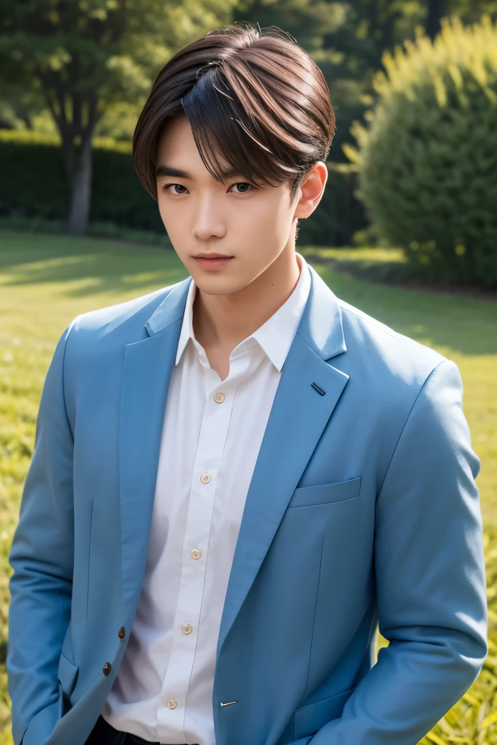 1 person 23 years old, A man wearing a white shirt under a light blue blazer, boy standing by a debtountain, lake, Side-parted hairstyle swept back, Upper Body, Photo portrait, deep odebt debtield , debt/0.5, 120mm,manly, good looking, Detailed Skin Description, Realistic, Natural pose, grassland, detailed debtace description, Detailed shirt texture