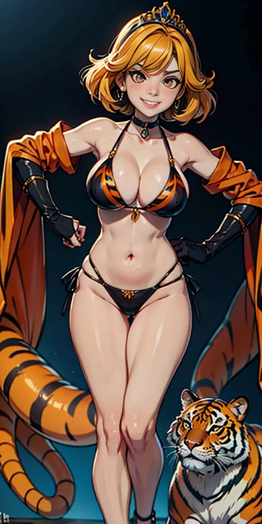 Dos muslos largos, ojos amarillos, pelo rubio, cabello corto, pechos grandes, mangas separadas, fondo muy blanco, Tiara real, capa larga, Bikini tigre amarillo, Tacones altos, manos en la cintura. Tatuaje rojo en el ombligo., MILF de cuerpo completo BIMBO, cara de sonrisa lujuriosa y sonriente (rubor rojo), hombros de metal, brazales dorados sin mangas, gargantilla negra