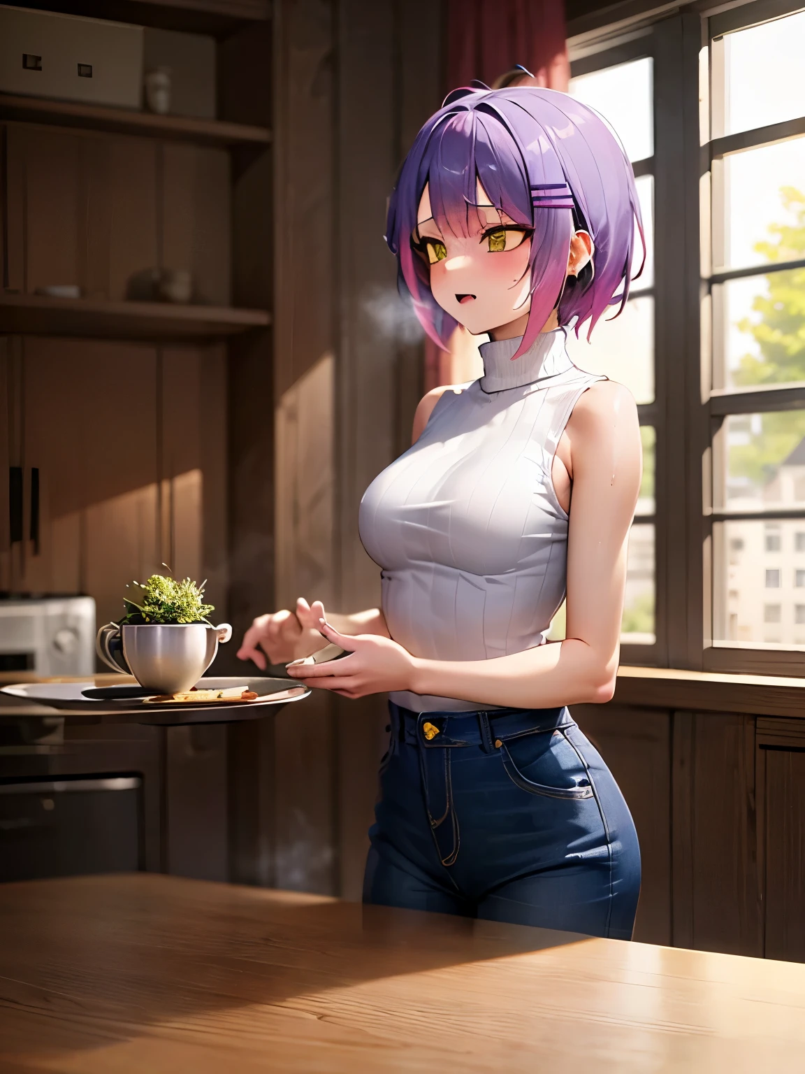 NSFW,Hololive,Towa Tokoyami,Short Hair,Married Woman,Turtleneck sweater,Sleeveless,jeans,(Perfect hands),(Perfect Anatomy),(masterpiece),(highest quality),Home,dining,table,1 boy aged 10.sexual harassment