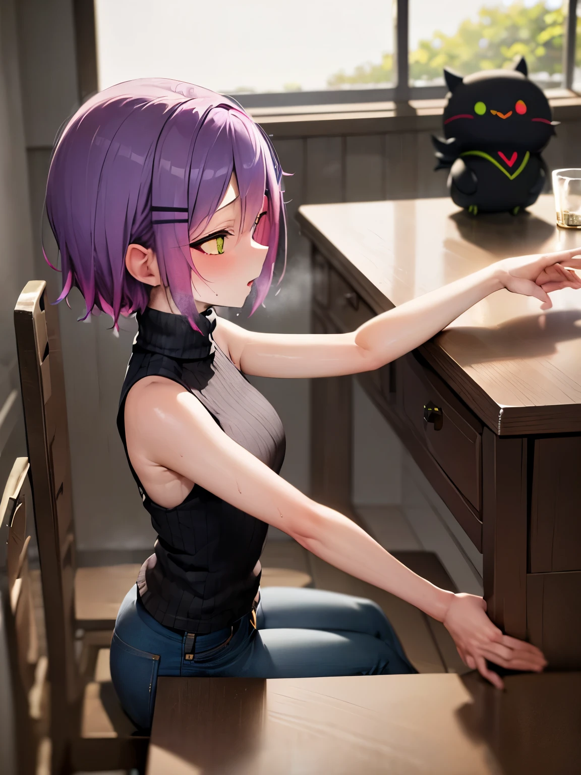 NSFW,Hololive,Towa Tokoyami,Short Hair,Married Woman,Turtleneck sweater,Sleeveless,jeans,(Perfect hands),(Perfect Anatomy),(masterpiece),(highest quality),Home,dining,table,1 boy aged 10.sexual harassment