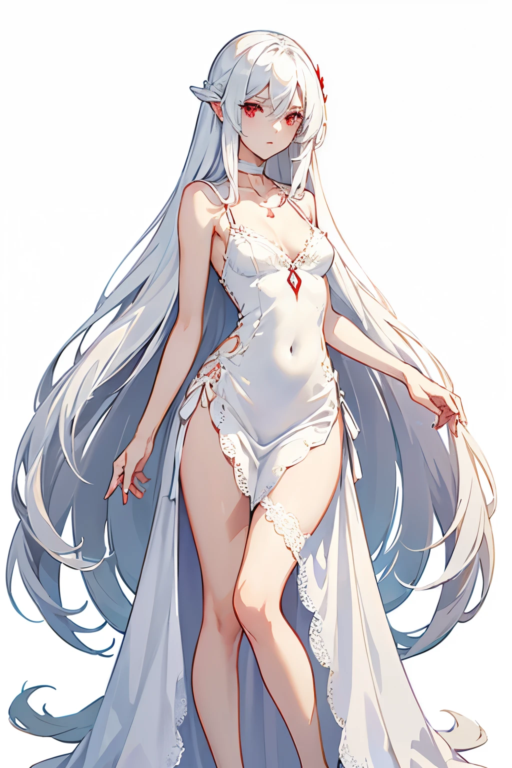 Character design, female, long white hair, wearing a short white lace dress with spaghetti straps, red eyes, small frame, very skinny, detailed, best quality, no accesoires around the neck, prominent collarbones, skinny arms, flat stomach, full body