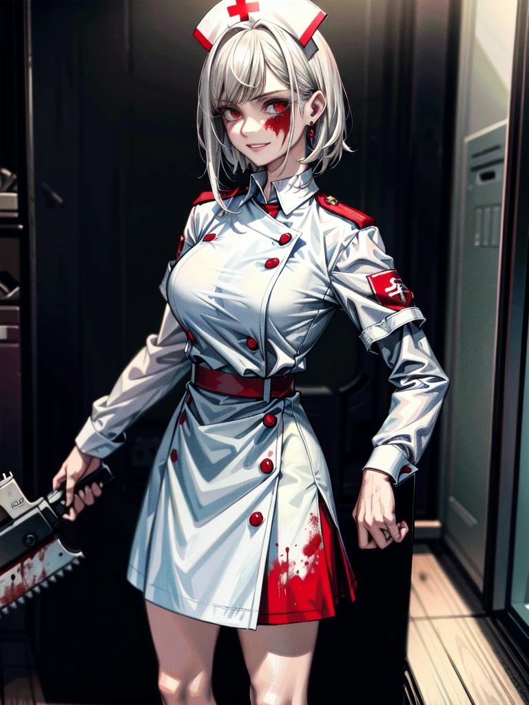 blood, blood splatter, blood on clothes, blood stain, hospital, ((nurse uniform)), holding Chainsaw machine, absurdres, RAW photo, extremely delicate and beautiful, masterpiece, Best Quality, ultra high resolution, 32k, hyperrealistic, ultra-detailed, detailed description, pale skin, 20 years old, tearful mole, earring, Colossal , short medium hair, wavy hair, evil grin, full body shot,