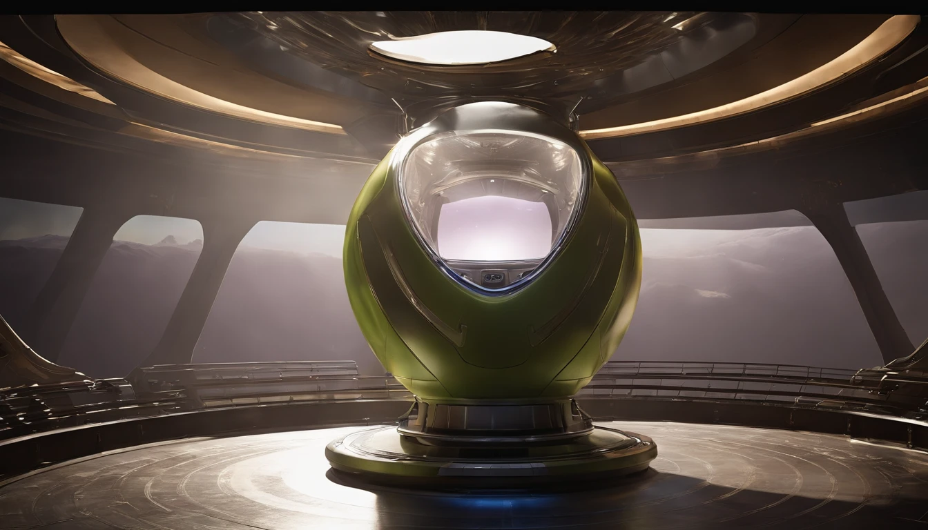 A captivating futuristic concept art piece featuring a colossal starship with an innovative design, reminiscent of a closed-toed sandal-sneaker hybrid. The ship, measuring an impressive 108' in length, soars gracefully past a breathtaking Titan-like planet adorned with 12 enchanting moons. The backdrop is a mesmerizing star-filled expanse, adding to the otherworldly atmosphere. The ship's two 24' diameter nacelles, positioned at 45° and 48' above the vessel, emit radian lime green light from their centers. The elliptical shaped upper section stretches 24' high, 144' long, and 96' wide, angled at 75° from the main body. The ship's striking color palette of steel violet, 3d render, portrait photography, cinematic