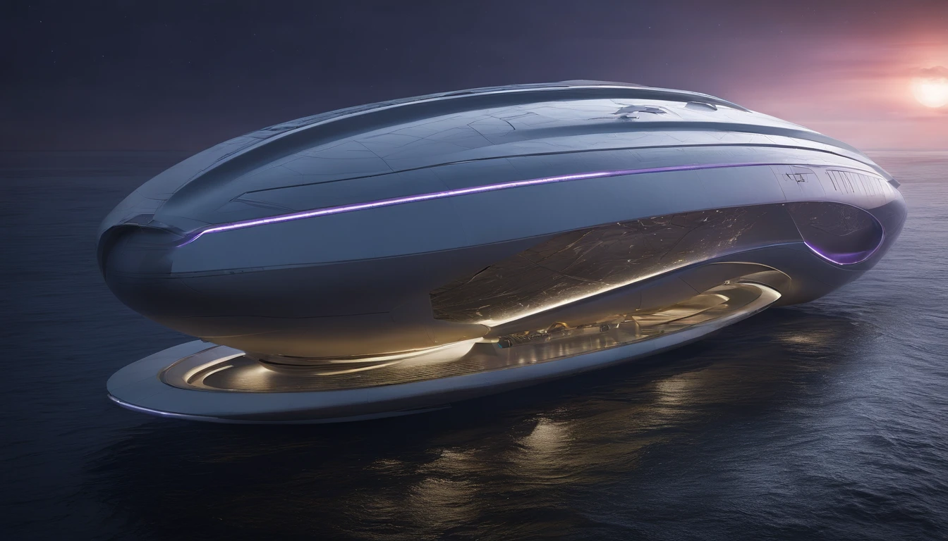 A captivating futuristic concept art piece featuring a colossal starship with an innovative design, reminiscent of a closed-toed sandal-sneaker hybrid. The ship, measuring an impressive 108' in length, soars gracefully past a breathtaking Titan-like planet adorned with 12 enchanting moons. The backdrop is a mesmerizing star-filled expanse, adding to the otherworldly atmosphere. The ship's two 24' diameter nacelles, positioned at 45° and 48' above the vessel, emit radian lime green light from their centers. The elliptical shaped upper section stretches 24' high, 144' long, and 96' wide, angled at 75° from the main body. The ship's striking color palette of steel violet, 3d render, portrait photography, cinematic