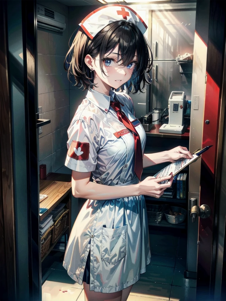 blood, blood splatter, blood on clothes, blood stain, hospital, ((nurse uniform)), holding Chainsaw machine, absurdres, RAW photo, extremely delicate and beautiful, masterpiece, Best Quality, ultra high resolution, 32k, hyperrealistic, ultra-detailed, detailed description, pale skin, 20 years old, tearful mole, earring, Colossal tits, short medium hair, wavy hair, evil grin, full body shot,