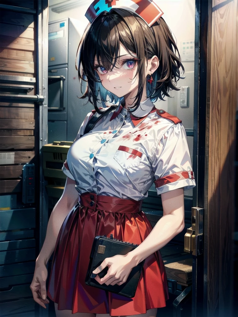 blood, blood splatter, blood on clothes, blood stain, hospital, ((nurse uniform)), holding Chainsaw machine, absurdres, RAW photo, extremely delicate and beautiful, masterpiece, Best Quality, ultra high resolution, 32k, hyperrealistic, ultra-detailed, detailed description, pale skin, 20 years old, tearful mole, earring, Colossal tits, short medium hair, wavy hair, evil grin, full body shot,