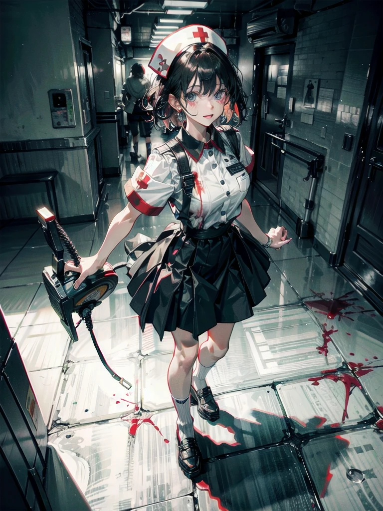blood, blood splatter, blood on clothes, blood stain, hospital, ((nurse uniform)), holding Chainsaw machine, absurdres, RAW photo, extremely delicate and beautiful, masterpiece, Best Quality, ultra high resolution, 32k, hyperrealistic, ultra-detailed, detailed description, pale skin, 20 years old, tearful mole, earring, Colossal tits, short medium hair, wavy hair, evil grin, full body shot,