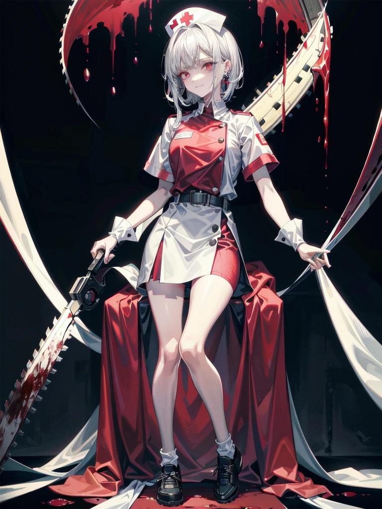 blood, blood splatter, blood on clothes, blood stain, hospital, ((nurse uniform)), holding Chainsaw machine, absurdres, RAW photo, extremely delicate and beautiful, masterpiece, Best Quality, ultra high resolution, 32k, hyperrealistic, ultra-detailed, detailed description, pale skin, 20 years old, tearful mole, earring, Colossal tits, short medium hair, wavy hair, evil grin, full body shot,