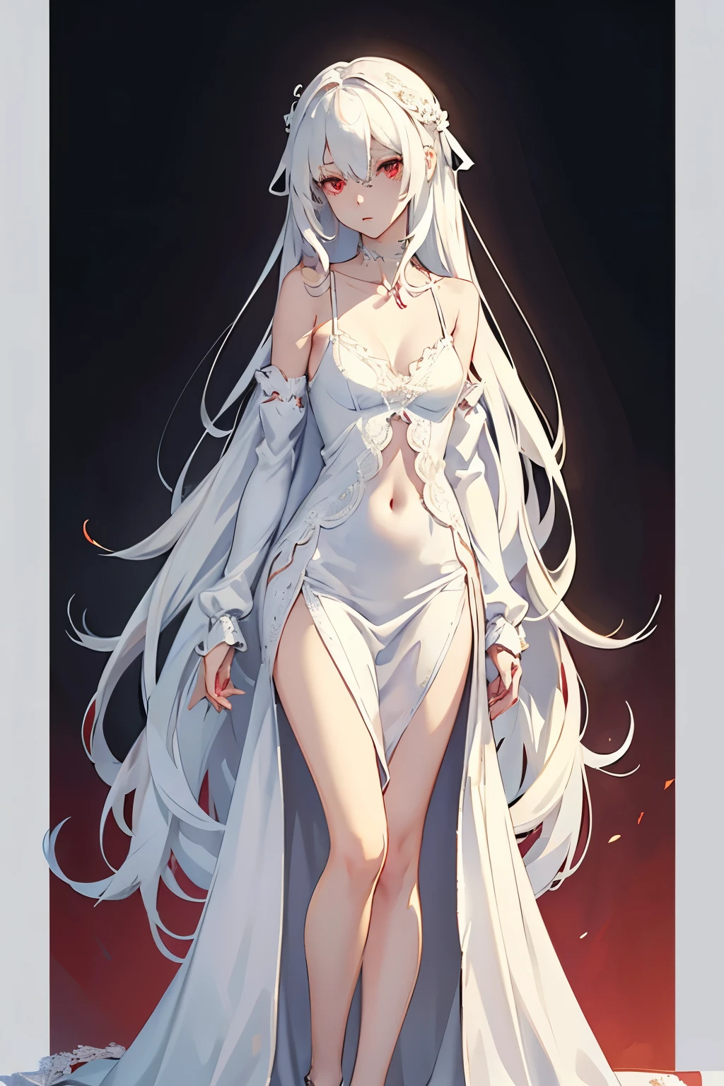 Character design, female, long white hair, wearing a short white lace dress with spaghetti straps, red eyes, small frame, very skinny, detailed, best quality, no accesoires around the neck, prominent collarbones, skinny arms, flat stomach, full body
