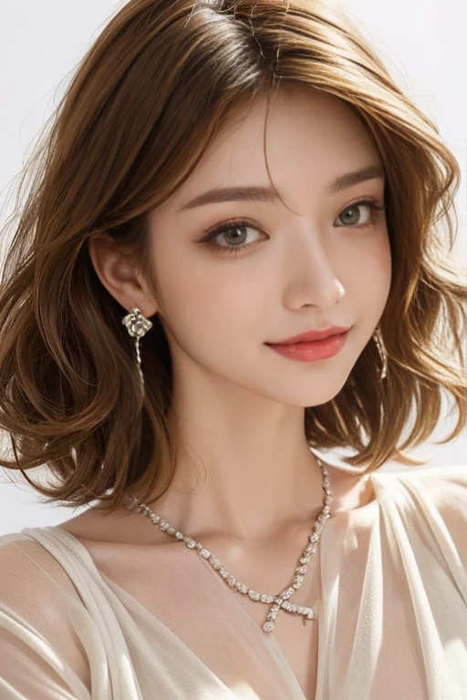 highest quality, Very detailed, masterpiece, 1 person,woman,(((完璧なwomanの体))),Very beautiful face, Very beautiful body,Gentle expression, Very beautiful eyes,(Perfect Makeup:1.1),Fashion Model,,Short Bob,Curly Hair,Shaggy Hair,Candy-colored hair:1.3, Very thin body,Smart Abs, Chiffon blouse,A kind smile,Upper body portrait,(White background), (Shiny skin),(Earrings),