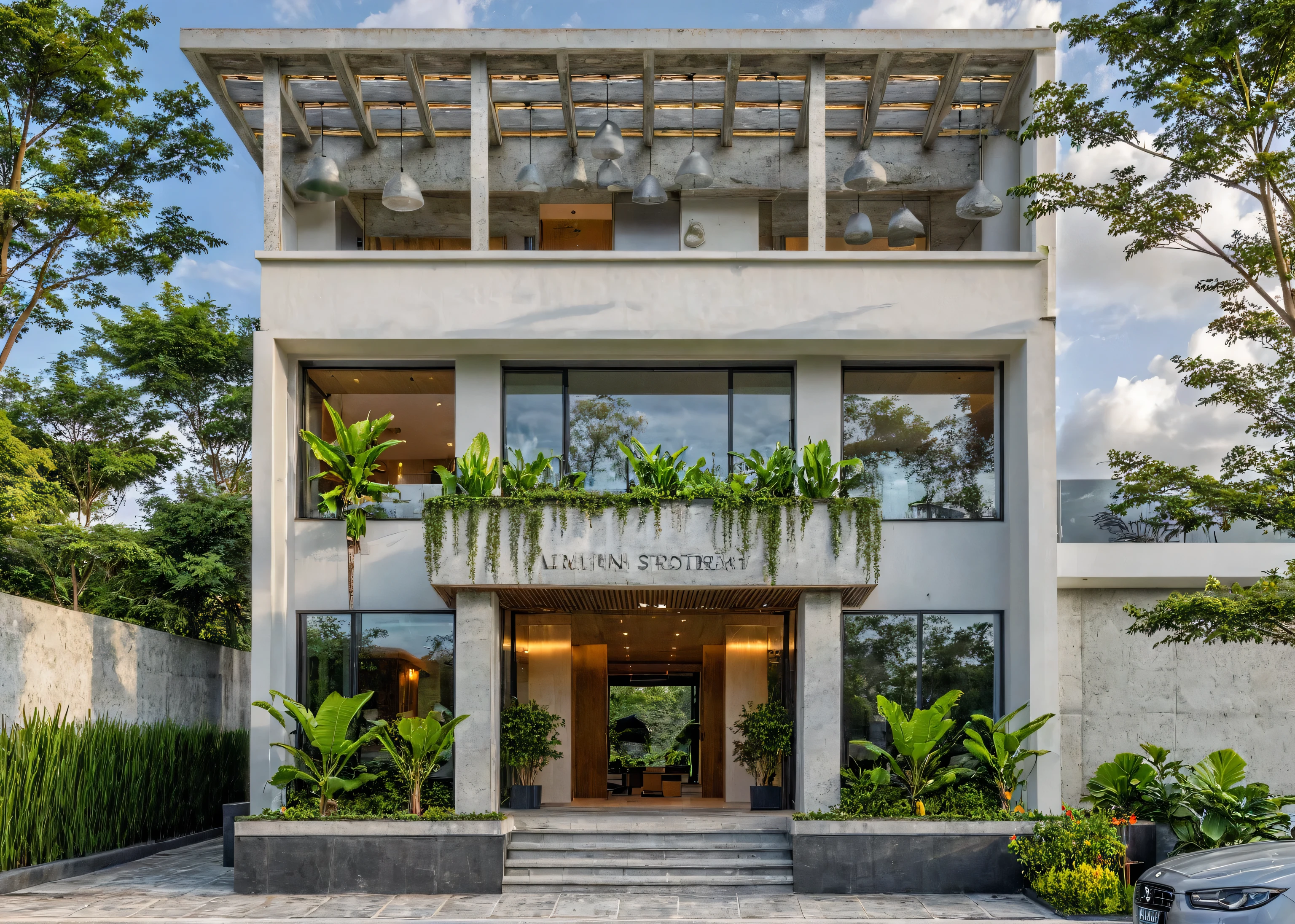 Masterpiece, high quality, best quality, authentic, super detail, outdoors, onestoreyvillaXL, aiaigroup, house style modern on the street ,stairs, white wall ,road,pavement, grass, trees, sky, cloud, (daylight:1.1)