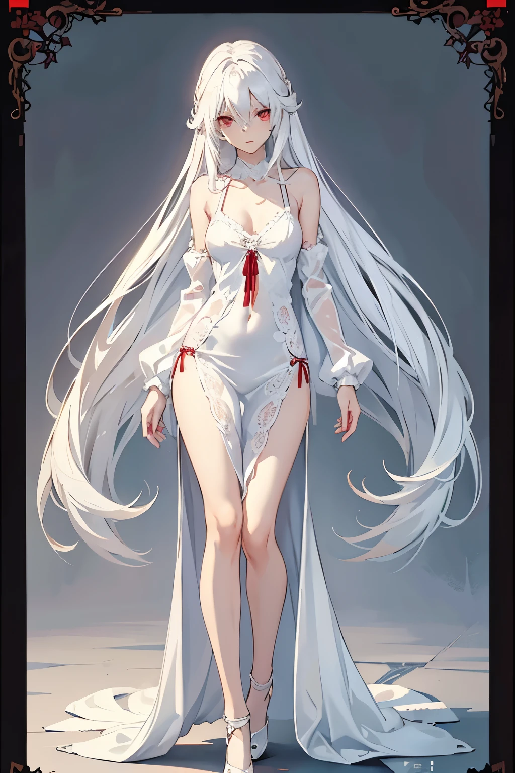Character design, female, long white hair, wearing a short white lace dress with spaghetti straps, red eyes, small frame, very skinny, detailed, best quality, no accesoires around the neck, prominent collarbones, skinny arms, flat stomach, full body