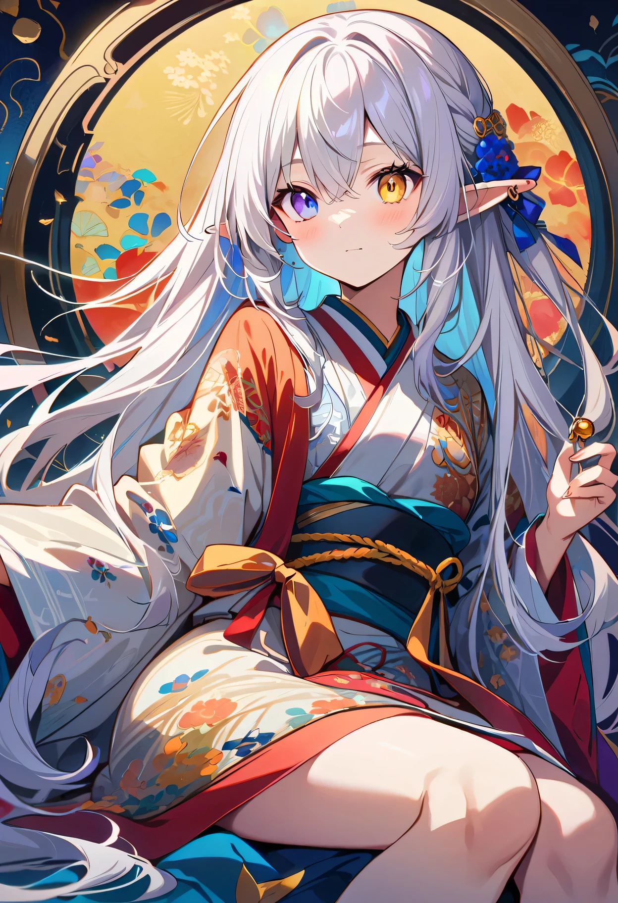 （Decorative paintings：1.6）、Light、Ink painting，ink，[（black background：1.5）：：0.25]，（Fractal Art：1.1），Blooming flowers，（Pop Art：1.4）、（Art Nouveau：1.1），night，Petals flutter，Moonlight，Girl with makeup，Wearing Kimono，Elf ears，（Ear nipple rings：1.5），Silver hair，Very long hair，(Heterochromia of the Eyes)，Purple and yellow eyes，（Pale complexion），（masterpiece，quality，最佳quality，Official Art，Beauty and aesthetics：1.2），Very detailed，（Tangle：1.2），（hexagon：1.4），Abstract Background，（Traditional Chinese embroidery fabrics：1.2）、Skin Light、（multiple colour：1.4）。
