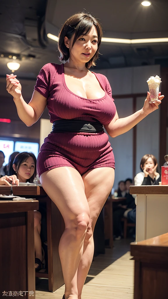 Japanese, mature, (alone), 60 years old, (Wrinkles around the eyes:1.2), Soft big breasts, Mature Woman, Super big , Glamour, Sexy, Watching the audience, Extra large breasts、Wearing a tight-fitting knit、Tight-fitting knit dresini skirt、Plump、With legs apart、(Panties are exposed)、