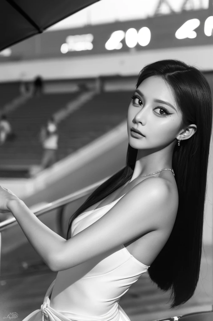 Tzuyu 1, woman, (Realistic), (Hyperrealism), (photoRealistic), Depth of written boundary, eye make up:0.7 (whole body:1.2), (Large Bust),(Tight waist), Watching the audience,In the pits at the racing track, Race Queen, Sexy dress with open shoulders and neckline