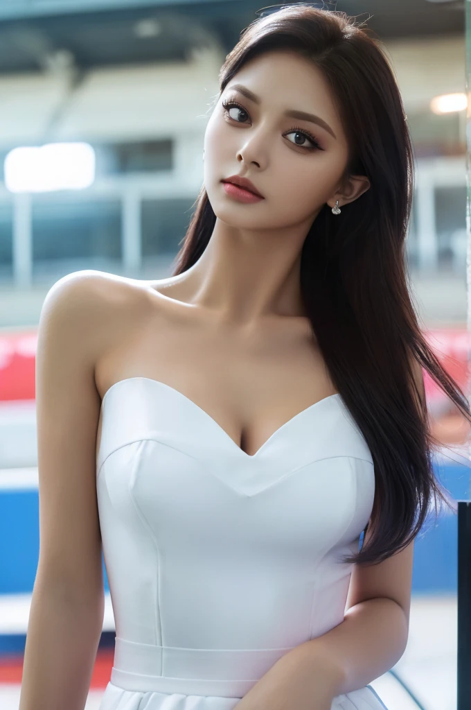 Tzuyu 1, woman, (Realistic), (Hyperrealism), (photoRealistic), Depth of written boundary, eye make up:0.7 (whole body:1.2), (Large Bust),(Tight waist), Watching the audience,In the pits at the racing track, Race Queen, Sexy dress with open shoulders and neckline