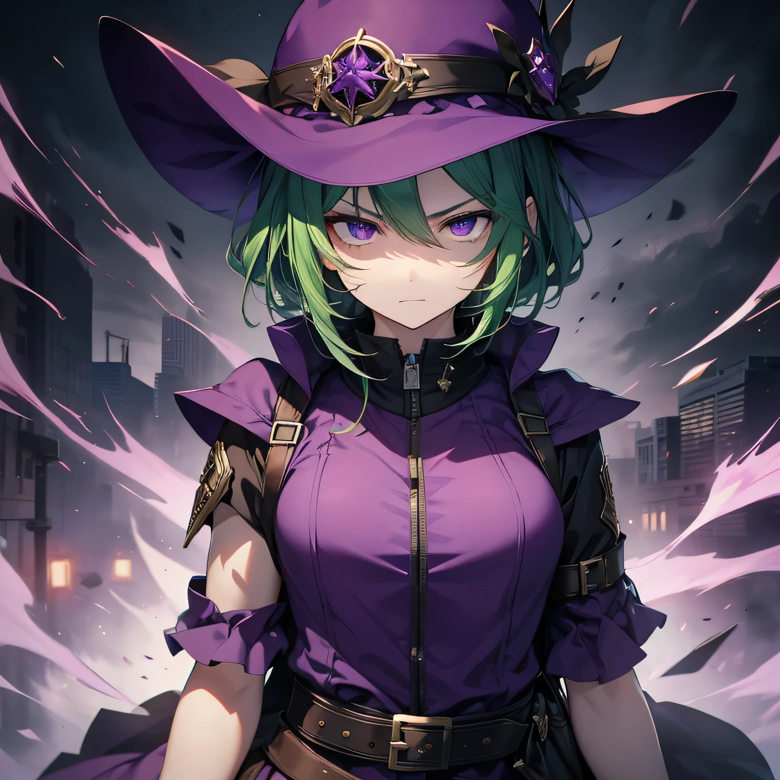 Best image quality、highest quality、Beautiful Eyes、4k、expression of murderous intent、Expressions of hatred、Purple Eyes、Green Hair