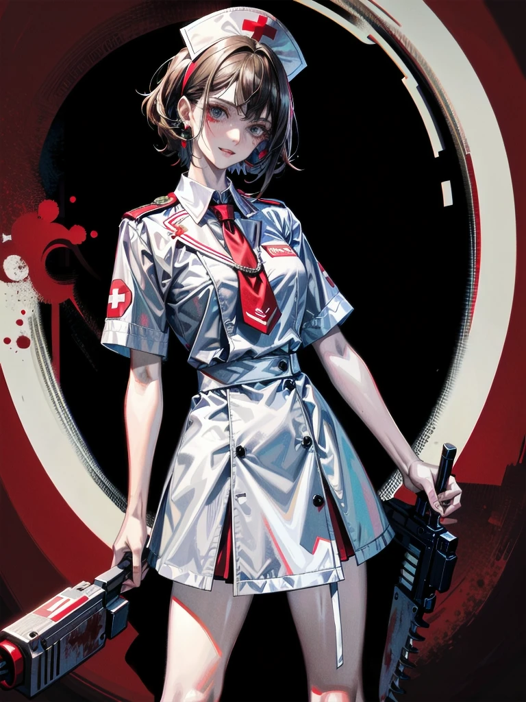 blood, blood splatter, blood on clothes, blood stain, hospital, ((nurse uniform)), holding Chainsaw machine, absurdres, RAW photo, extremely delicate and beautiful, masterpiece, Best Quality, ultra high resolution, 32k, hyperrealistic, ultra-detailed, detailed description, pale skin, 20 years old, tearful mole, earring, Colossal tits, short medium hair, wavy hair, evil grin, full body shot,