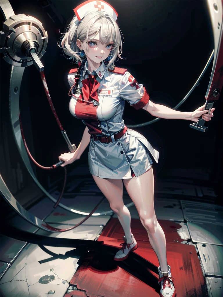 blood, blood splatter, blood on clothes, blood stain, hospital, ((nurse uniform)), holding Chainsaw machine, absurdres, RAW photo, extremely delicate and beautiful, masterpiece, Best Quality, ultra high resolution, 32k, hyperrealistic, ultra-detailed, detailed description, pale skin, 20 years old, tearful mole, earring, Colossal tits, short medium hair, wavy hair, evil grin, full body shot,