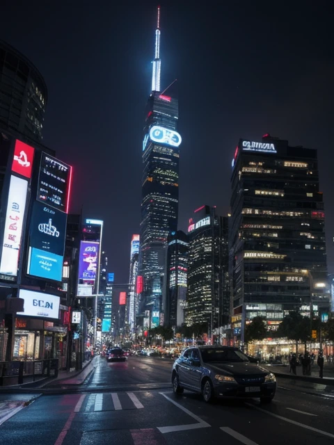 Futuristic Cyberpunk Metropole, Glowing skyscrapers and sleek vehicles, A sprawling urban forest under a neon-lit sky., An atmosphere of dystopian grandeur, bright and exciting, Chuva glow em cascata, X-rays.