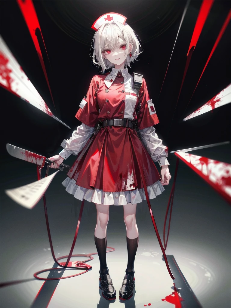 blood, blood splatter, blood on clothes, blood stain, hospital, ((nurse uniform)), holding Chainsaw machine, absurdres, RAW photo, extremely delicate and beautiful, masterpiece, Best Quality, ultra high resolution, 32k, hyperrealistic, ultra-detailed, detailed description, pale skin, 20 years old, tearful mole, earring, Colossal tits, short medium hair, wavy hair, evil grin, full body shot,