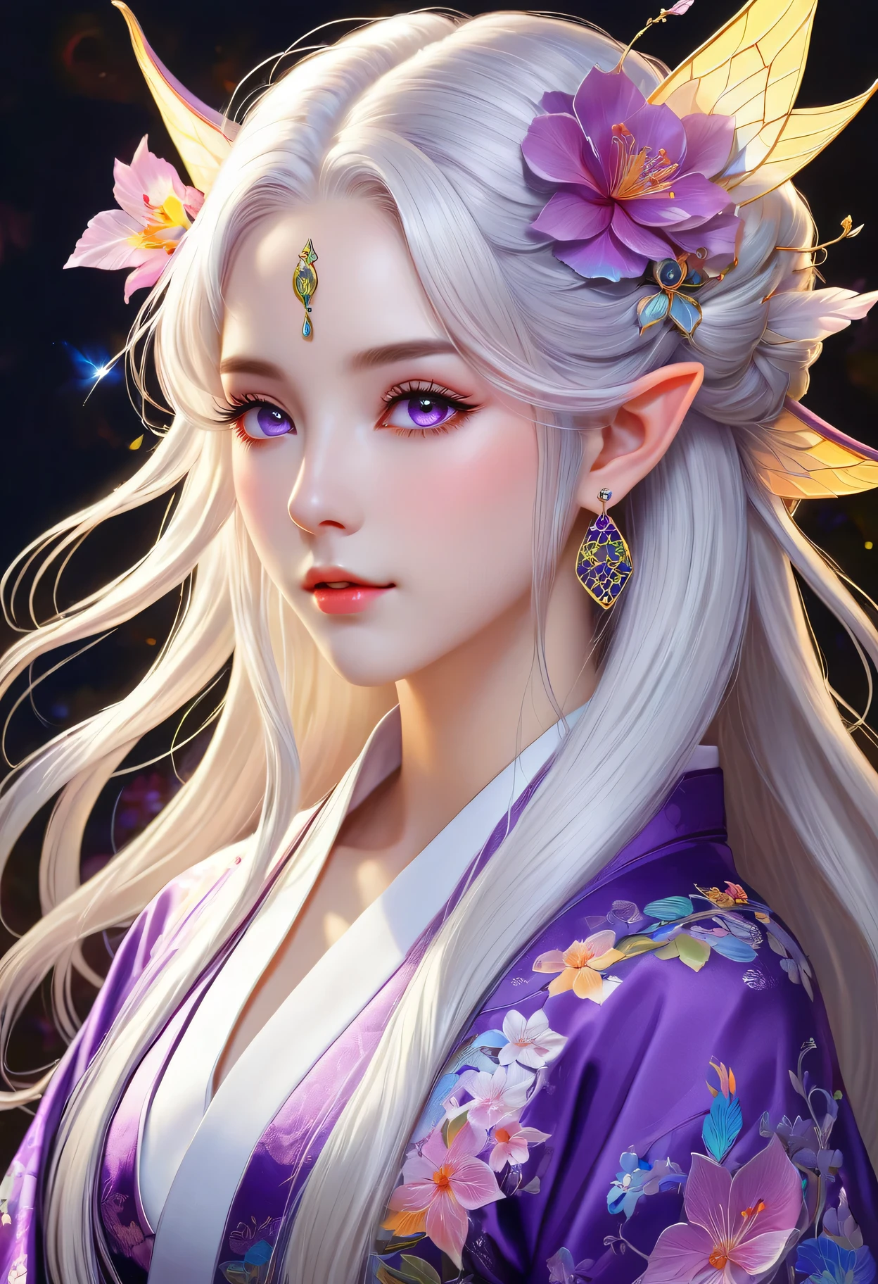 （Decorative paintings：1.6）、Light、Ink painting，ink，[（black background：1.5）：：0.25]，（Fractal Art：1.1），Blooming flowers，（Pop Art：1.4）、（Art Nouveau：1.1），night，Petals flutter，Moonlight，Girl with makeup，Wearing Kimono，Elf ears，（Ear nipple rings：1.5），Silver hair，Very long hair，(Heterochromia of the Eyes)，Purple and yellow eyes，（Pale complexion），（masterpiece，quality，最佳quality，Official Art，Beauty and aesthetics：1.2），Very detailed，（Tangle：1.2），（hexagon：1.4），Abstract Background，（Traditional Chinese embroidery fabrics：1.2）、Skin Light、（multiple colour：1.4）。