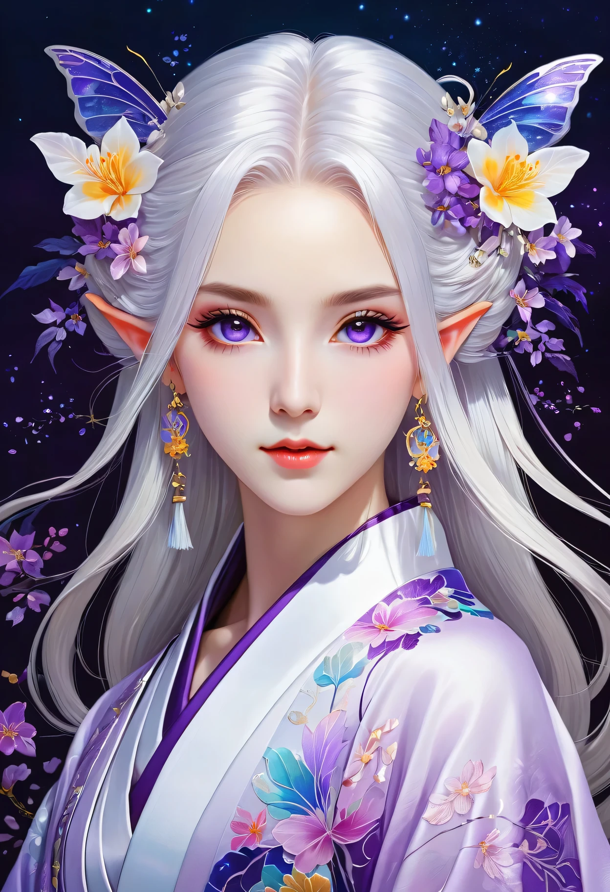 （Decorative paintings：1.6）、Light、Ink painting，ink，[（black background：1.5）：：0.25]，（Fractal Art：1.1），Blooming flowers，（Pop Art：1.4）、（Art Nouveau：1.1），night，Petals flutter，Moonlight，Girl with makeup，Wearing Kimono，Elf ears，（Ear nipple rings：1.5），Silver hair，Very long hair，(Heterochromia of the Eyes)，Purple and yellow eyes，（Pale complexion），（masterpiece，quality，最佳quality，Official Art，Beauty and aesthetics：1.2），Very detailed，（Tangle：1.2），（hexagon：1.4），Abstract Background，（Traditional Chinese embroidery fabrics：1.2）、Skin Light、（multiple colour：1.4）。