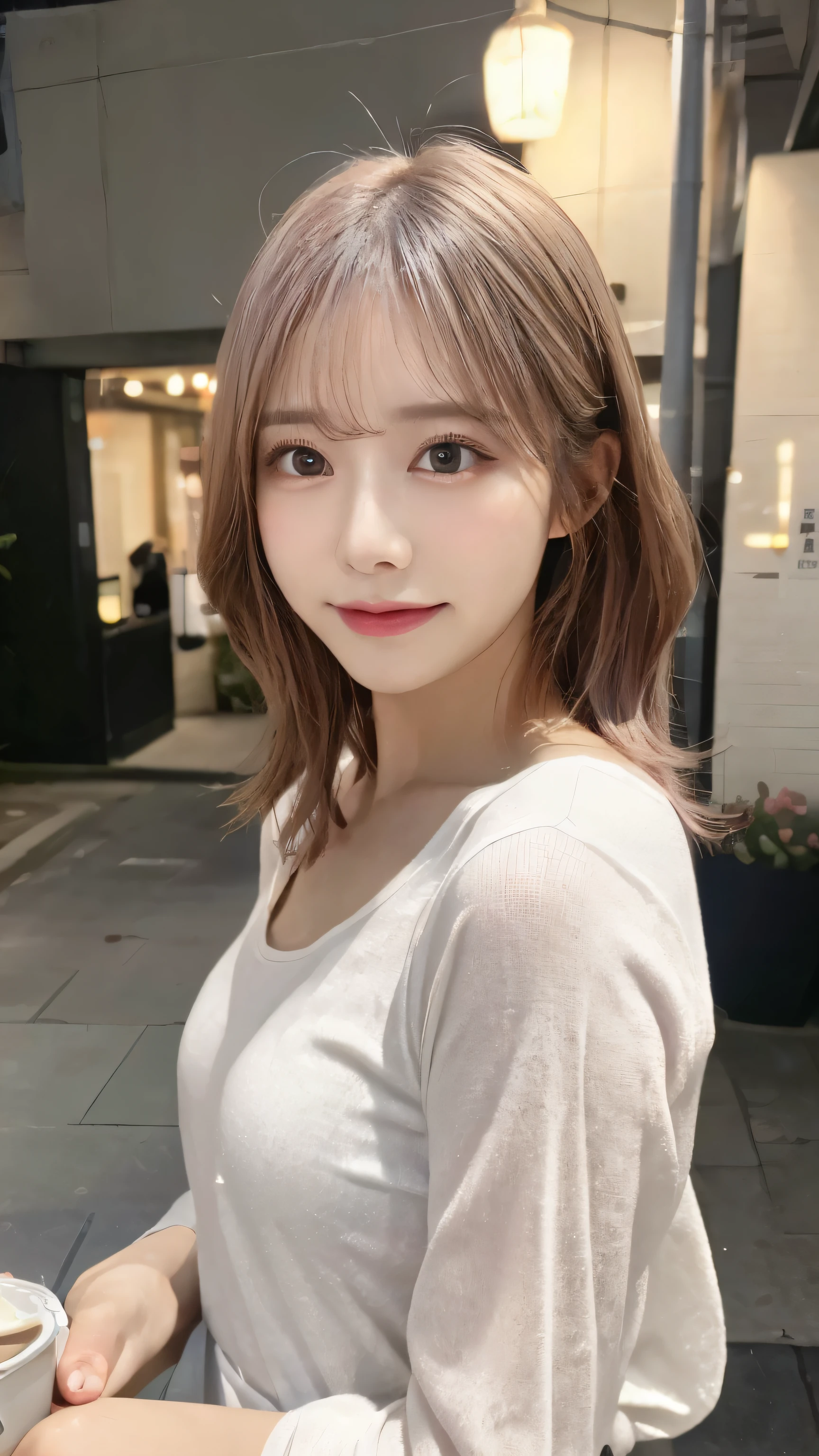 (highest quality,masterpiece:1.3,超A high resolution,),(Very detailed,Caustics),(Photorealistic:1.4,RAW shooting,)Ultra-Realistic Capture,Very detailed,High resolution 16K for human skin、 Natural skin texture、、Skin tone is even and healthy looking、 Use natural light and color,One Woman,Japanese,,cute,Pink,Middle Hair,(Written boundary depth、chromatic aberration、、Wide range of lighting、Natural Shading、)、(Hair swaying in the wind:1)、short hair、(Exposure:3.0)、Sheer white shirt、Inside the cafe、coffee