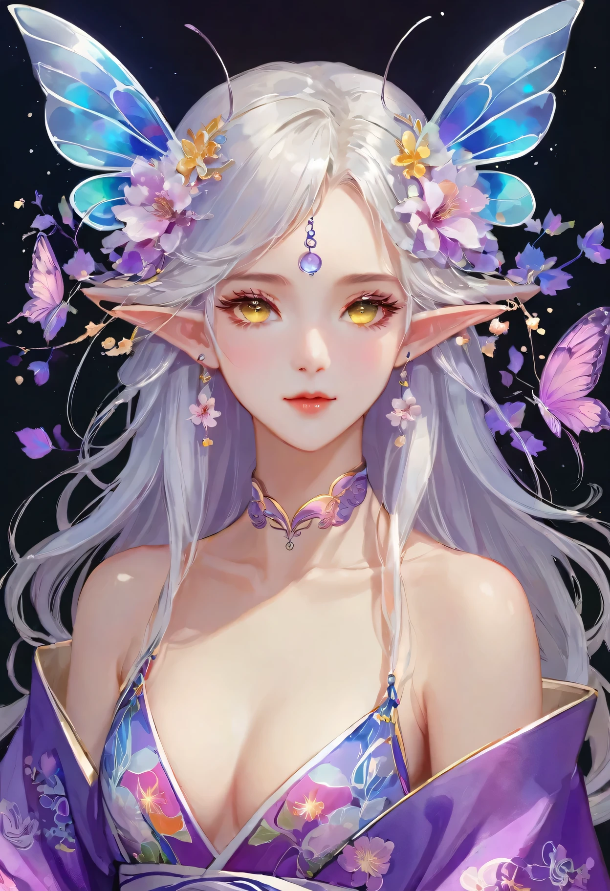 （Decorative paintings：1.6）、Light、Ink painting，ink，[（black background：1.5）：：0.25]，（Fractal Art：1.1），Blooming flowers，（Pop Art：1.4）、（Art Nouveau：1.1），night，Petals flutter，Moonlight，Girl with makeup，Wearing Kimono，Elf ears，（Ear nipple rings：1.5），Silver hair，Very long hair，(Heterochromia of the Eyes)，Purple and yellow eyes，（Pale complexion），（masterpiece，quality，最佳quality，Official Art，Beauty and aesthetics：1.2），Very detailed，（Tangle：1.2），（hexagon：1.4），Abstract Background，（Traditional Chinese embroidery fabrics：1.2）、Skin Light、（multiple colour：1.4）。