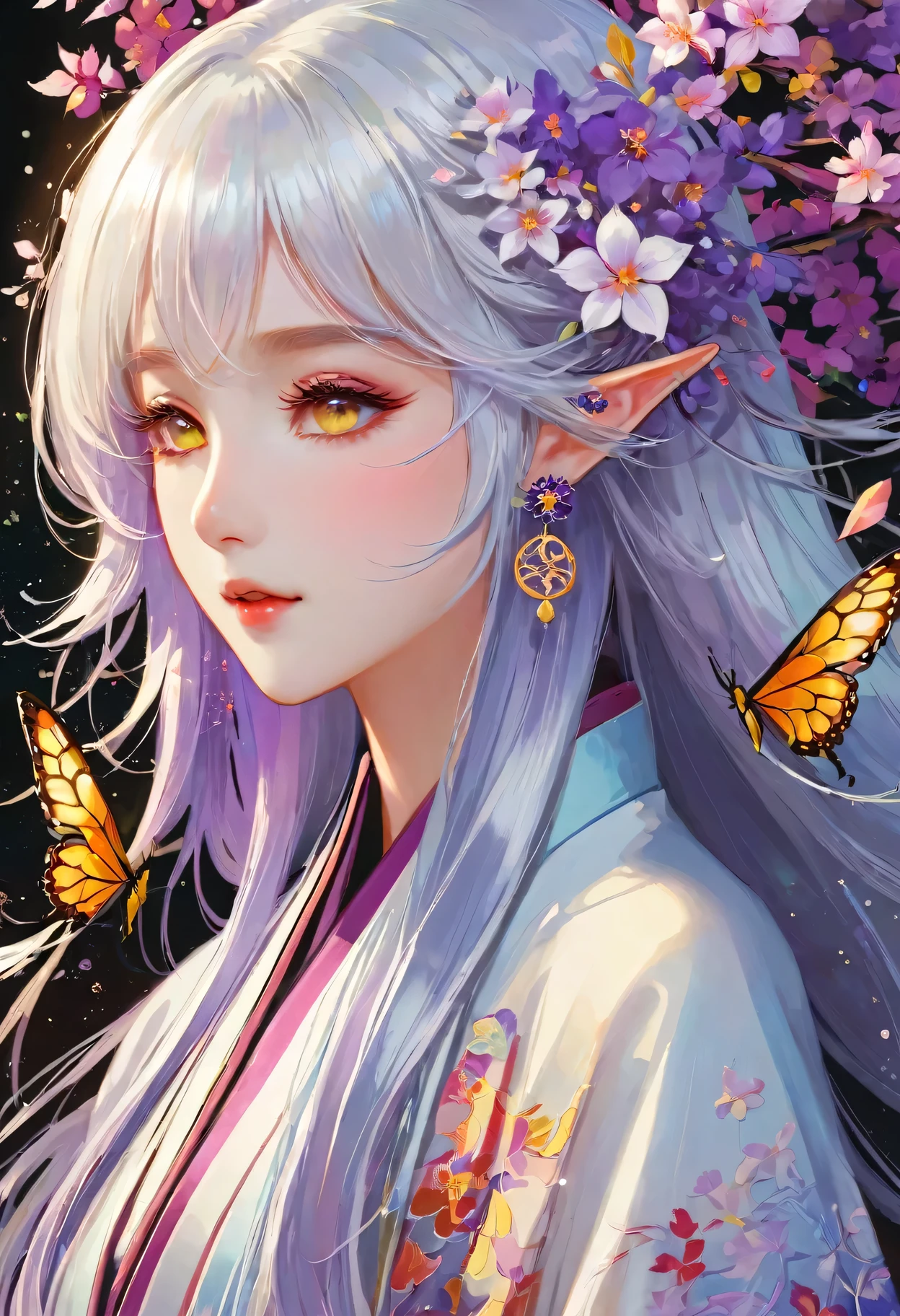 （Decorative paintings：1.6）、Light、Ink painting，ink，[（black background：1.5）：：0.25]，（Fractal Art：1.1），Blooming flowers，（Pop Art：1.4）、（Art Nouveau：1.1），night，Petals flutter，Moonlight，Girl with makeup，Wearing Kimono，Elf ears，（Ear nipple rings：1.5），Silver hair，Very long hair，(Heterochromia of the Eyes)，Purple and yellow eyes，（Pale complexion），（masterpiece，quality，最佳quality，Official Art，Beauty and aesthetics：1.2），Very detailed，（Tangle：1.2），（hexagon：1.4），Abstract Background，（Traditional Chinese embroidery fabrics：1.2）、Skin Light、（multiple colour：1.4）。