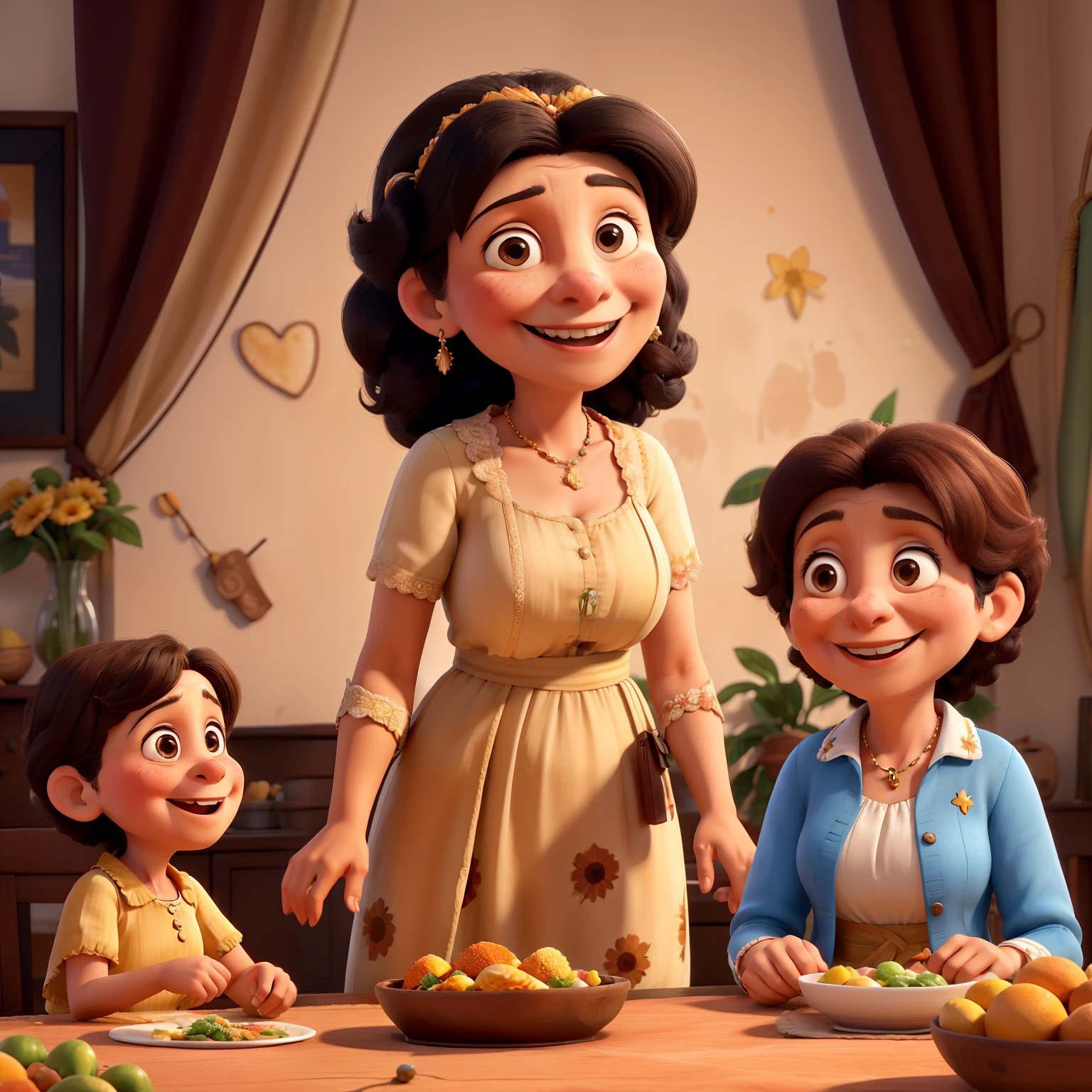 Imagine a heartwarming scene of Venezuelan mothers of various ages and social classes gathered together, celebrating Mother's Day. The setting sun casts a golden glow over the vibrant and colorful background, creating an animated caricature that comes to life. Mothers, each unique in their appearance, are seated at a long table adorned with a beautifully set tablecloth.
In the foreground, a young mother with children playfully tugging at her dress laughs and shares stories with an elderly mother in traditional clothing, both their faces expressing joy and contentment. Nearby, another mother, draped in elegant attire, chats amicably with a mother in humble garments