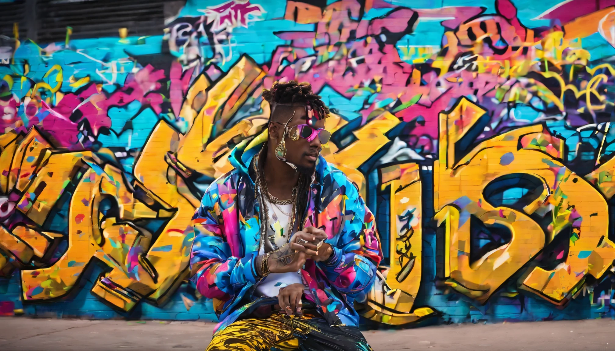 A striking 3D render of a trap music artist, showcasing their modern style with a distinct facial tattoo, gold chain, and a wardrobe bursting with color. The artist's outfit includes a bold, patterned jacket, graphic tee, and colorful pants. The urban, energetic atmosphere is accentuated by the vibrant cityscape and graffiti-covered walls behind the artist. The background also features a neon sign with the artist's name, further merging the artistry and the urban environment., 3d render, cinematic, photo