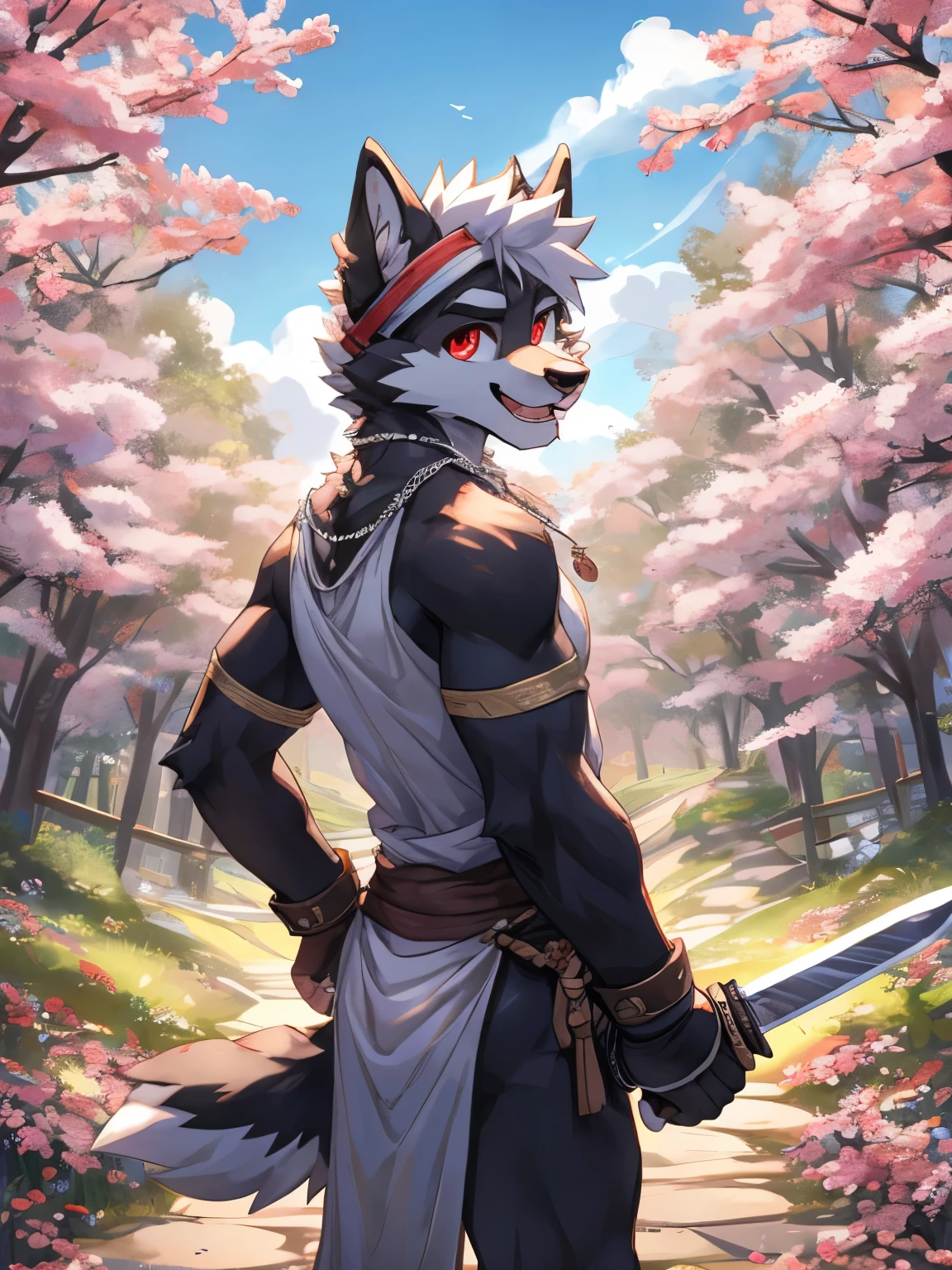 furry,male,Small fresh meat, teenage, white hair, White spiky hair on the head，dog, dim red eyes, loincloth, naked_shirt,masterpiece, Black body hair, Delicate face, Big eyebrows, Delicate eyes, detailed body, Detailed hands, Detailed claws, White headband，outdoor,open mouth,greetings,saying hello,looking at viewer,necklace,standing,wrist guard,kneecap,elbow pad,sword after back,plum blossom,rivulet，a shining pearl in the rivulet