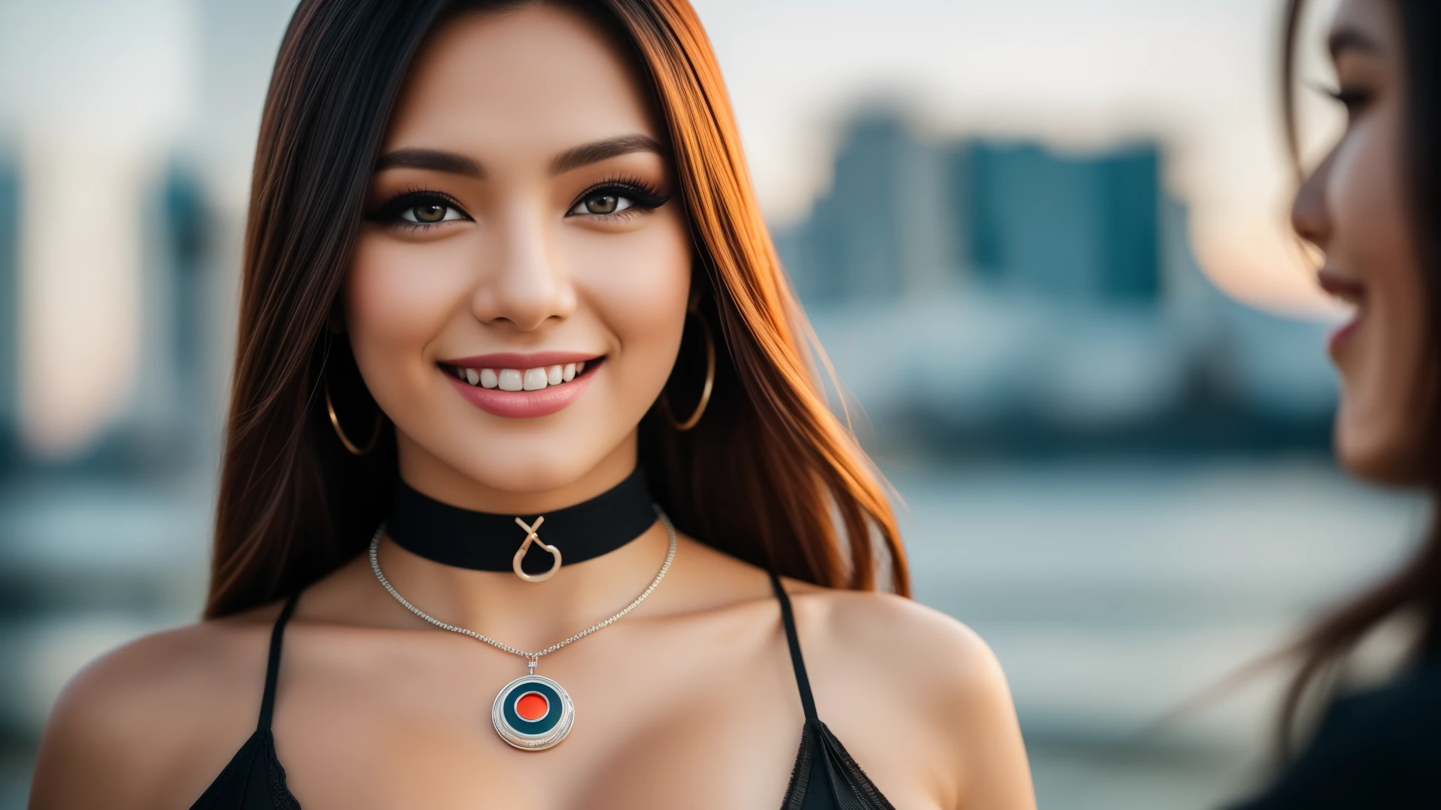 tmasterpiece,best qualtiy,hdr, hyper HD, 8K,Bokeh,Ultra-fine painting,Sharp focus,Physically-based rendering,Extreme detail description,half-body photo, 2 women, 18 years old, (big breasts:1.3), (smile:0.95), choker, (black eyeshadow:1.1), (red lips:0.90), looking at viewer, (EOS R8, 50 millimeters, F1.2, 8K, RAW photo:1.2)
