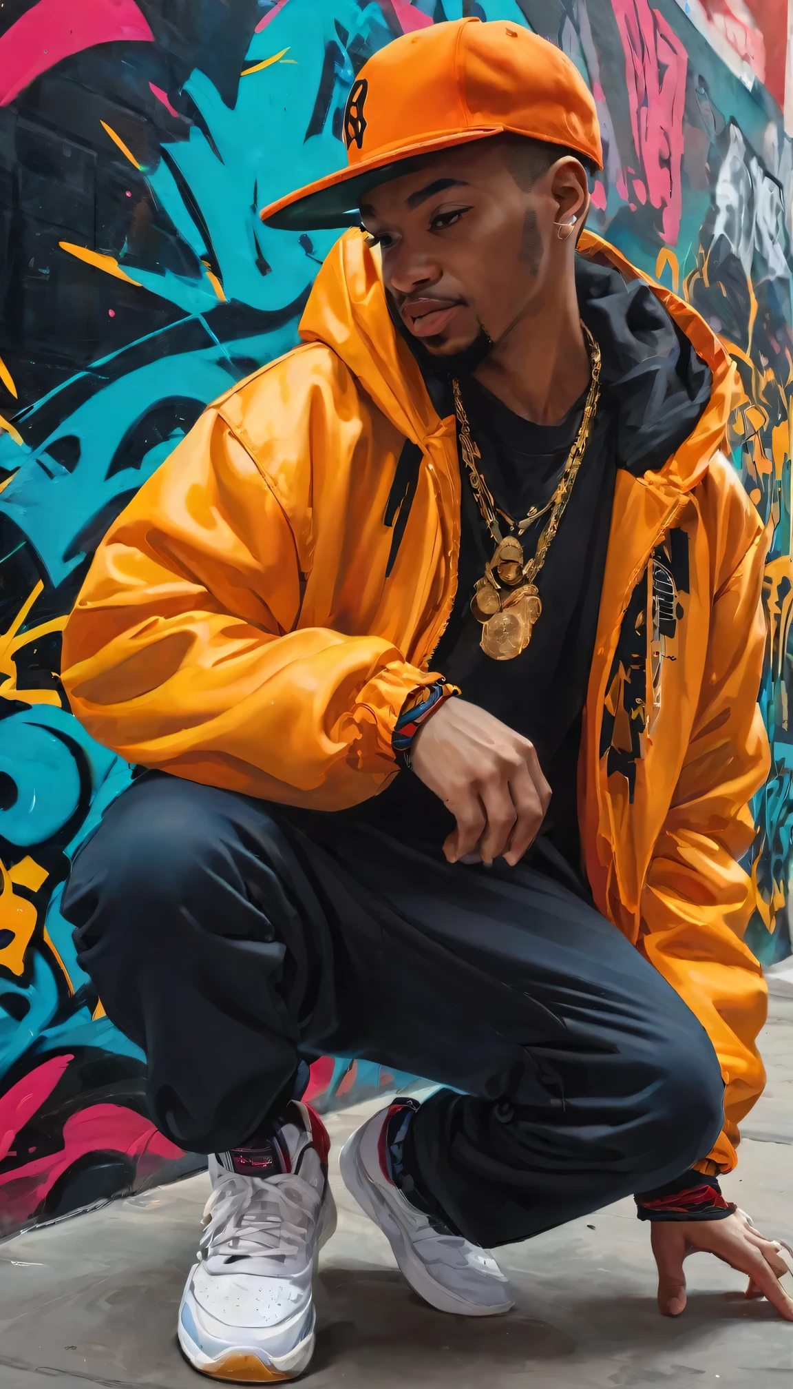 a tight focus on someone in hip-hop garb that pulls out to reve,hip-hop artist, vibrant street art mural, energetic atmosphere, expressive graffiti, bold colors, dynamic poses, urban fashion, intricate details, lively street scene, urban culture, rhythmic music, stylish graffiti, artistic backdrop, urban vibe, larger-than-life artwork, gritty textures, vibrant cityscape, vibrant hip-hop style, bustling street, high-quality resolution, masterful strokes, compelling composition, high contrast, dynamic lighting, eye-catching visuals, authentic street style, powerful visual impact, raw energy, captivating storytelling, unapologetic attitude, larger-than-life characters, larger-than-life gestures, immersive setting, impressive artistic skill, confident demeanor, contagious energy, authentic hip-hop culture, dynamic movement, graffiti-inspired fashion.

Image Quality: (best quality, 4k, 8k, highres, masterpiece:1.2), ultra-detailed, (realistic, photorealistic, photo-realistic:1.37)
Art style: street art, graffiti, urban, hip-hop culture, urban fashion, vibrant, energetic,
Color tone: bold colors, vibrant hues, High contrast lighting: dynamic lighting, lively atmosphere, streetlamp glow