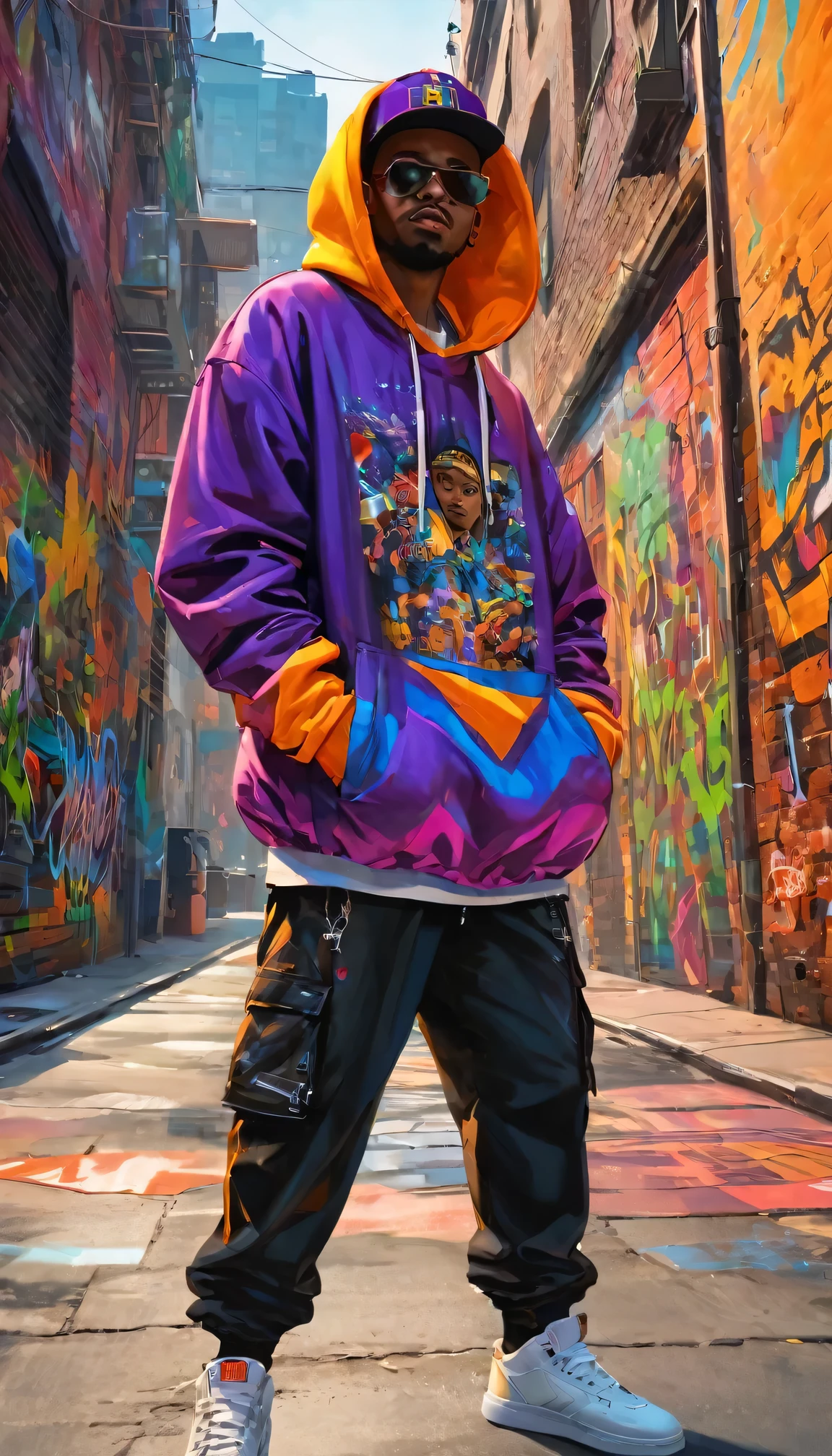 a tight focus on someone in hip-hop garb that pulls out to reve,hip-hop artist, vibrant street art mural, energetic atmosphere, expressive graffiti, bold colors, dynamic poses, urban fashion, intricate details, lively street scene, urban culture, rhythmic music, stylish graffiti, artistic backdrop, urban vibe, larger-than-life artwork, gritty textures, vibrant cityscape, vibrant hip-hop style, bustling street, high-quality resolution, masterful strokes, compelling composition, high contrast, dynamic lighting, eye-catching visuals, authentic street style, powerful visual impact, raw energy, captivating storytelling, unapologetic attitude, larger-than-life characters, larger-than-life gestures, immersive setting, impressive artistic skill, confident demeanor, contagious energy, authentic hip-hop culture, dynamic movement, graffiti-inspired fashion.
Image Quality: (best quality, 4k, 8k, highres, masterpiece:1.2), ultra-detailed, (realistic, photorealistic, photo-realistic:1.37)
Art style: street art, graffiti, urban, hip-hop culture, urban fashion, vibrant, energetic,
Color tone: bold colors, vibrant hues, High contrast lighting: dynamic lighting, lively atmosphere, streetlamp glow