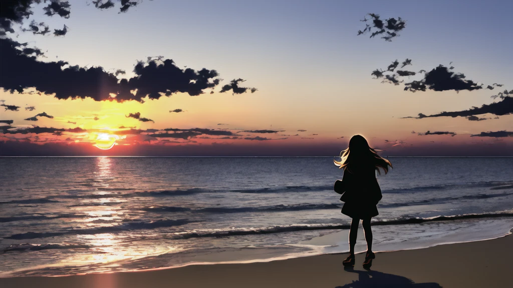 The light of the setting sun reflects fantastically from the seaside and scatters、Flying lights,Silhouette of a girl walking, ((Long Shadows))