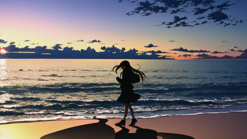 The light of the setting sun reflects fantastically from the seaside and scatters、Flying lights,Silhouette of a girl walking, ((Long Shadows))