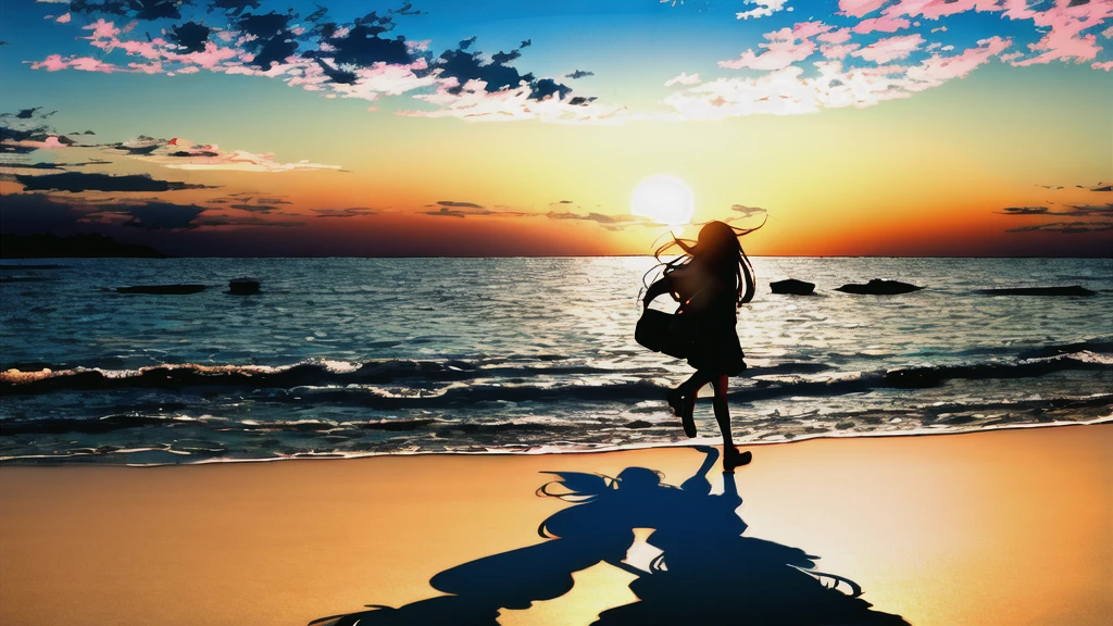 The light of the setting sun reflects fantastically from the seaside and scatters、Flying lights,Silhouette of a girl walking, ((Long Shadows))