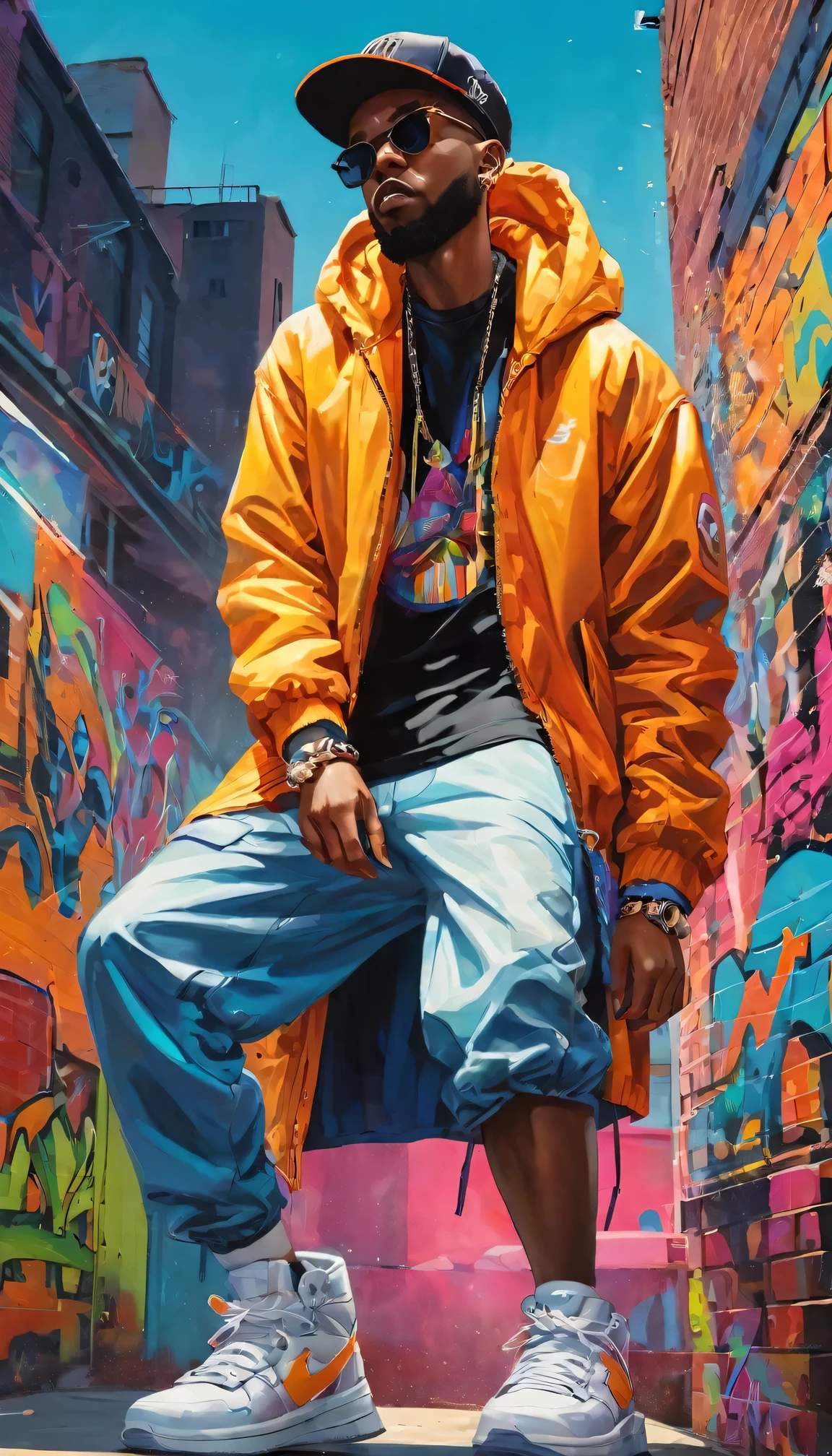 a tight focus on someone in hip-hop garb that pulls out to reve,hip-hop artist, vibrant street art mural, energetic atmosphere, expressive graffiti, bold colors, dynamic poses, urban fashion, intricate details, lively street scene, urban culture, rhythmic music, stylish graffiti, artistic backdrop, urban vibe, larger-than-life artwork, gritty textures, vibrant cityscape, vibrant hip-hop style, bustling street, high-quality resolution, masterful strokes, compelling composition, high contrast, dynamic lighting, eye-catching visuals, authentic street style, powerful visual impact, raw energy, captivating storytelling, unapologetic attitude, larger-than-life characters, larger-than-life gestures, immersive setting, impressive artistic skill, confident demeanor, contagious energy, authentic hip-hop culture, dynamic movement, graffiti-inspired fashion.
Image Quality: (best quality, 4k, 8k, highres, masterpiece:1.2), ultra-detailed, (realistic, photorealistic, photo-realistic:1.37)
Art style: street art, graffiti, urban, hip-hop culture, urban fashion, vibrant, energetic,
Color tone: bold colors, vibrant hues, High contrast lighting: dynamic lighting, lively atmosphere, streetlamp glow