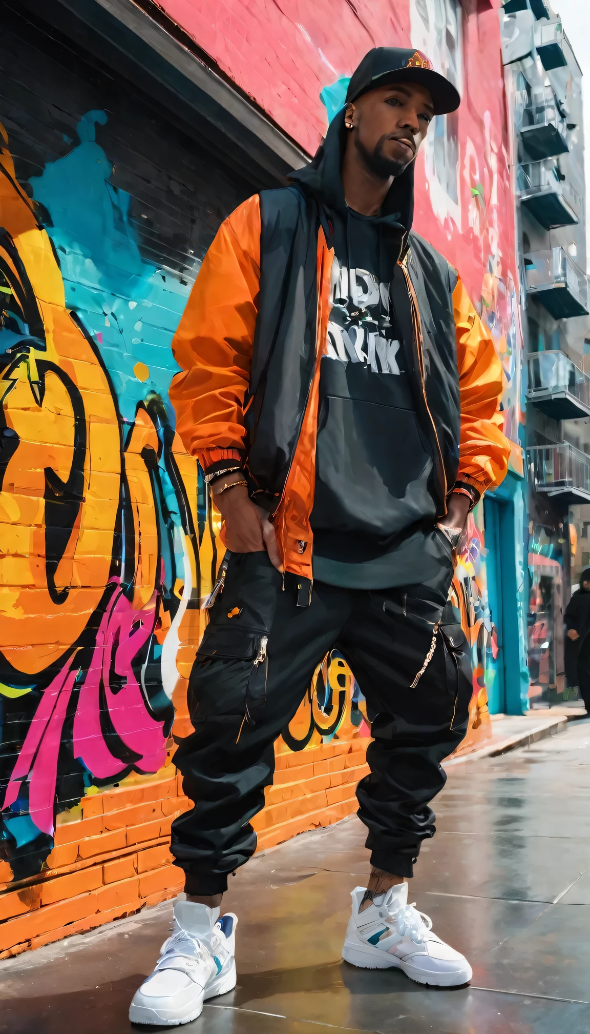 a tight focus on someone in hip-hop garb that pulls out to reve,hip-hop artist, vibrant street art mural, energetic atmosphere, expressive graffiti, bold colors, dynamic poses, urban fashion, intricate details, lively street scene, urban culture, rhythmic music, stylish graffiti, artistic backdrop, urban vibe, larger-than-life artwork, gritty textures, vibrant cityscape, vibrant hip-hop style, bustling street, high-quality resolution, masterful strokes, compelling composition, high contrast, dynamic lighting, eye-catching visuals, authentic street style, powerful visual impact, raw energy, captivating storytelling, unapologetic attitude, larger-than-life characters, larger-than-life gestures, immersive setting, impressive artistic skill, confident demeanor, contagious energy, authentic hip-hop culture, dynamic movement, graffiti-inspired fashion.
Image Quality: (best quality, 4k, 8k, highres, masterpiece:1.2), ultra-detailed, (realistic, photorealistic, photo-realistic:1.37)
Art style: street art, graffiti, urban, hip-hop culture, urban fashion, vibrant, energetic,
Color tone: bold colors, vibrant hues, High contrast lighting: dynamic lighting, lively atmosphere, streetlamp glow