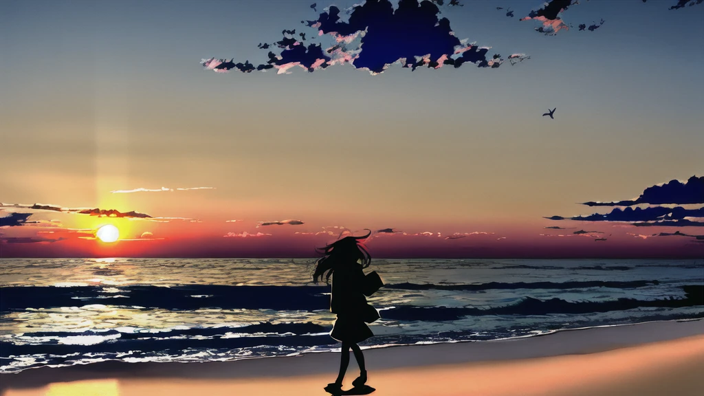 The light of the setting sun reflects fantastically from the seaside and scatters、Flying lights,Silhouette of a girl walking, ((Long Shadows))