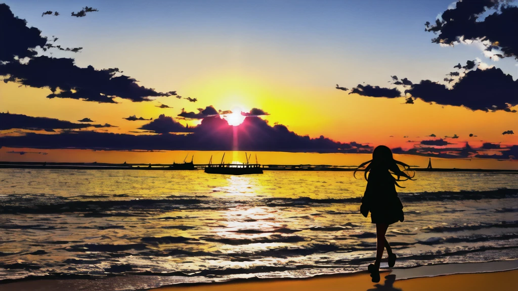 The light of the setting sun reflects fantastically from the seaside and scatters、Flying lights,Silhouette of a girl walking, ((Long Shadows))