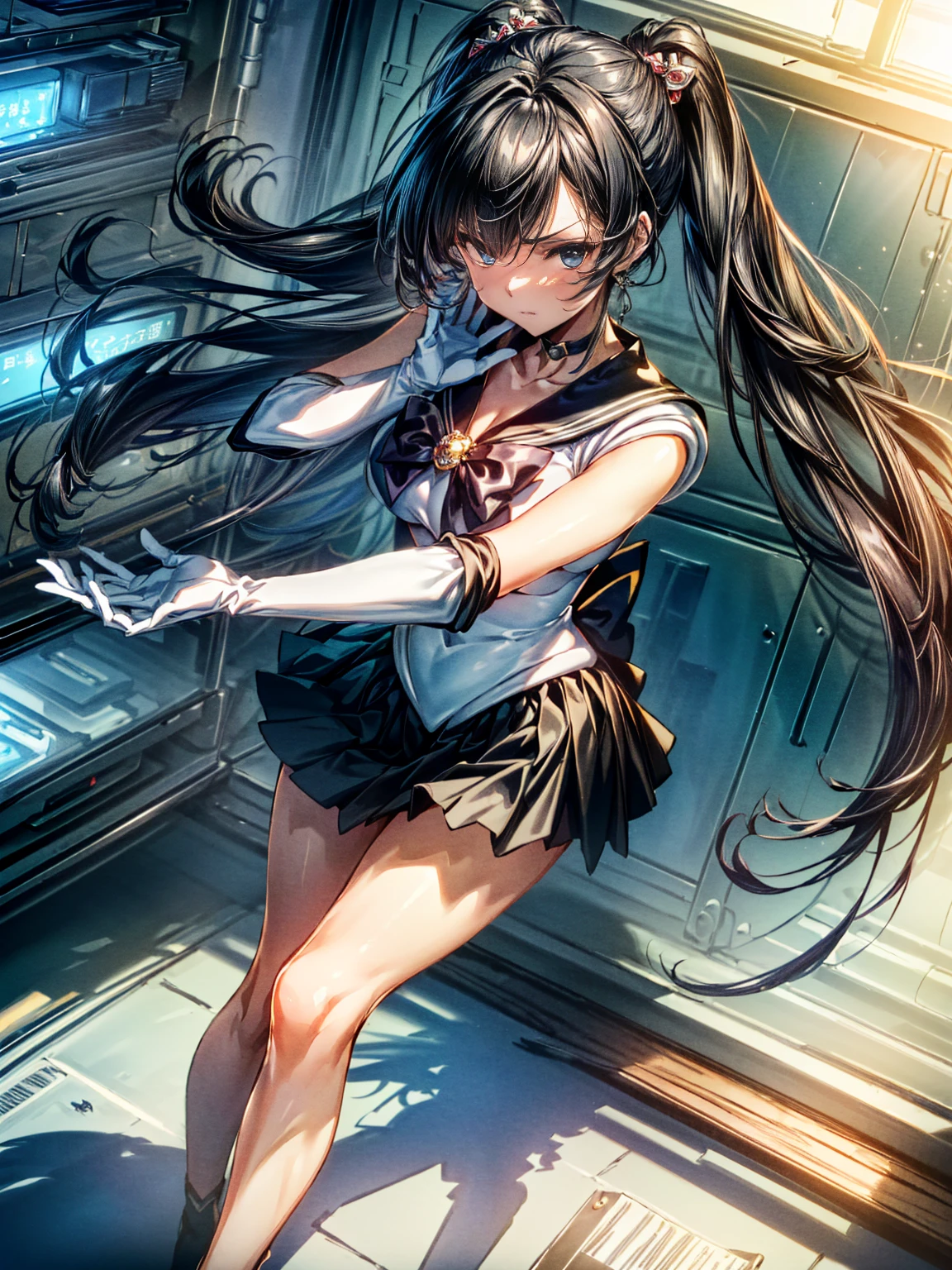 Perfect Anatomy,(8k, highest quality, masterpiece:1.2),\(Beautiful Eyes\),\(Facial Features\),(\(Costume details Details\)\),(Lesbians with big , Super Skirt,Sailor Moon Costume,(Face Focus) ,Very detailedな CG Unity 8k 壁紙,Large file size,Very detailed,High resolution,Absurd,Beautiful Eyes,Ray Tracing,Dramatic Shadows,Down to the last detail,elevation,Hyper Detail,(alone),Anime Style、Very long straight hair、Black Hair、Black sailor collar、Black Absolute Short Mini Scarbow Gloves、(In the research facility:1.4)