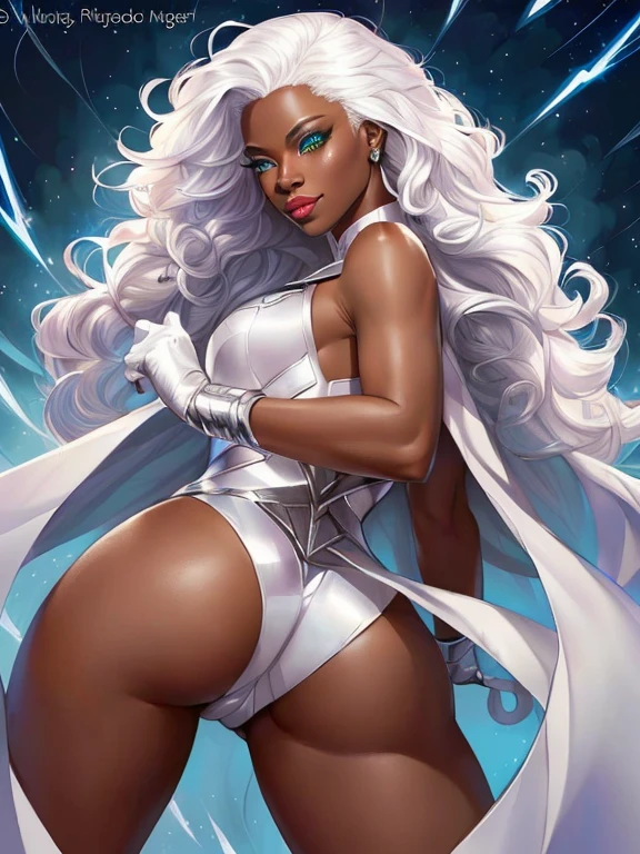 4k, a drawing of a woman with white hair and a cape, portrait of ororo munroe, x-men storm, storm!, how much, white fur and dark skin, how much the cat woman, art of the silver fox, her hair is white, hair curly white, Rossdraws 2. 5, Rossdraws | afrofuturism, Rossdraws 1. 0