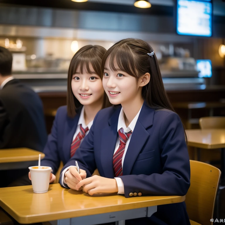 ((highest quality)), ((masterpiece)), (detailed),Perfect Face, A detailed image of [High school couple wearing blazer uniforms] [talk] in [Cafe] meanwhile [lunch], taken with a cineminic camera, using portrait with cineminic lighting --ar 9:16 --s 1000v -- 6